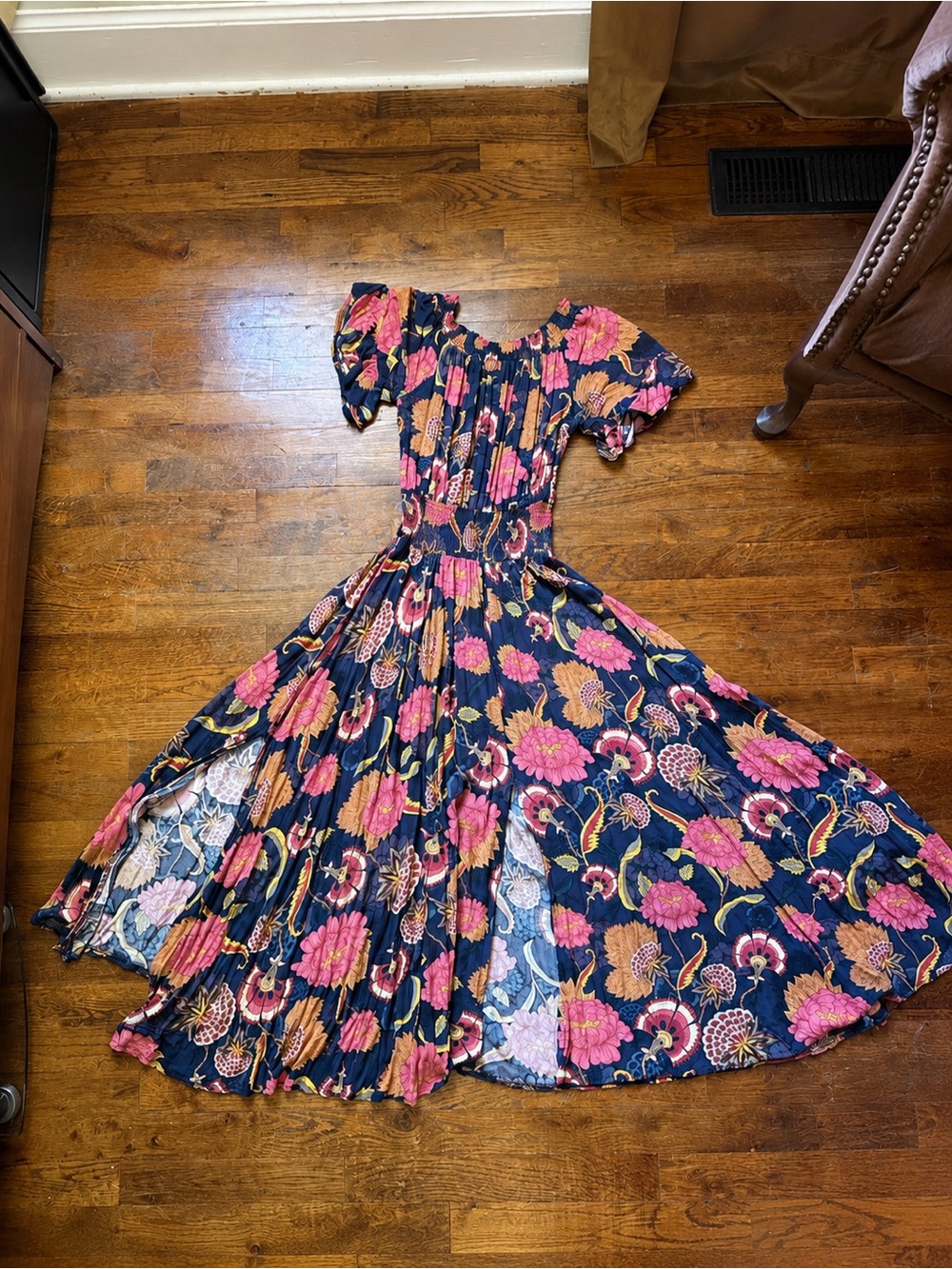 JAASE Floral Boho Maxi Dress Smocked Waist Peasant Cottagecore